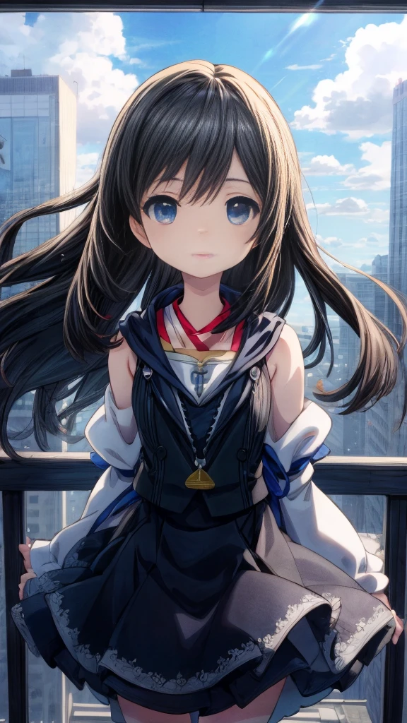 Absurd, High resolution, (Anime Style:1.1), ((Tabletop)), ((highest quality)), (Very detailed), (beautiful), alone, beautiful face、(lift)、The view from the top of a skyscraper close to the atmosphere is lovely.,Wind,((Thin black colorful long hair)),, blue eyes,Lens flare,dramatic,Detailed Ancient City、A skirt fluttering in the wind、Clouds looking down、(Finely fluttering black here:1.4),((Kingdom Hearts 4)),((Shibuya Ward))1.5,