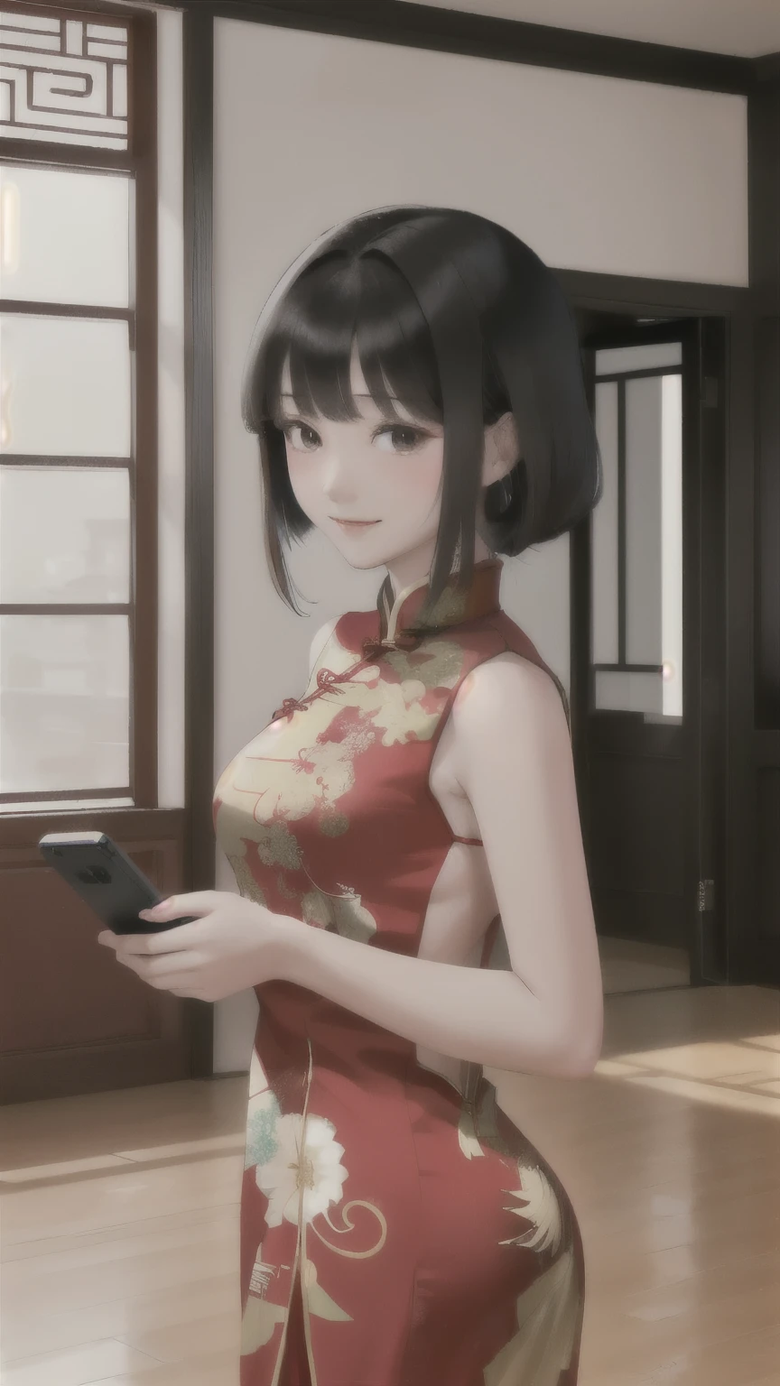 1 Woman Standing, ((Have a smartphone) In front of the face:1.2), (Selfie), (Deep Red Chinese Dress), Mature Woman, /(Black Hair/) bangs, Blushing Smile, (Masterpiece of the highest quality:1.2) Delicate illustrations, super detailed, Big Break (Back of smartphone), Camera lens break (Modern house living room) indoor