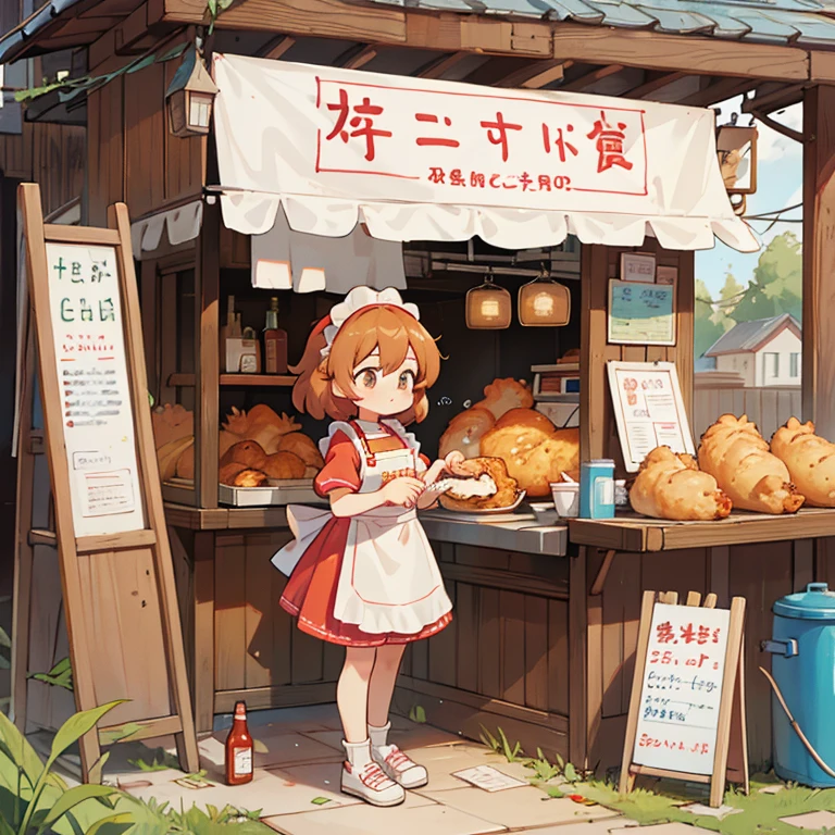 A girl making a large amount of fried chicken at a food stall　Apron and shorts