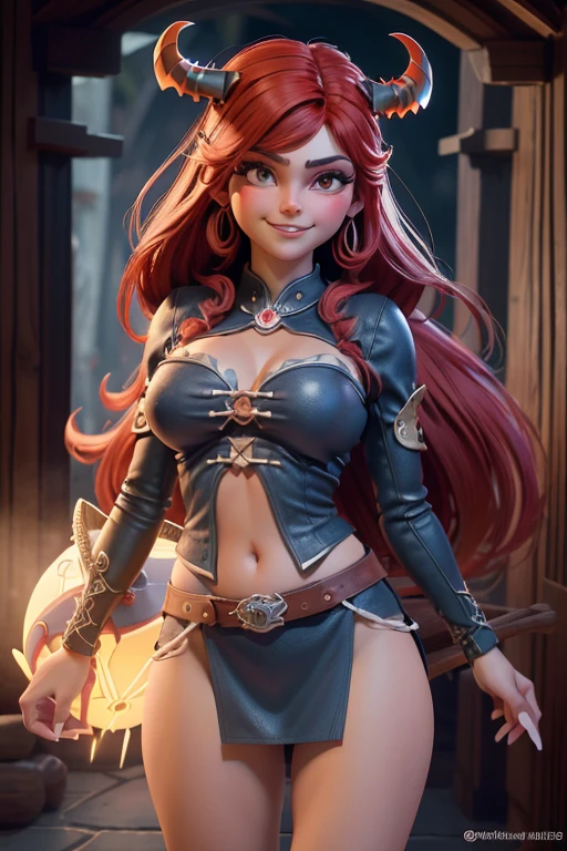 Linda cabeça feminina Viking, Cabelo vermelho, fantasia de guerreiro viking, no globo de neve, sorriso suave, Retrato fofo de corpo inteiro, figura esbelta em pé, Personagem de desenho animado, personagem da Pixar, medieval, Renderização 3D, iluminação simática, rastreamento de raios. vermelho nítido, luz radiante, floresta misteriosa, (A melhor qualidade, 8k, alta resolução, Obra-prima:1.2), caprichoso.