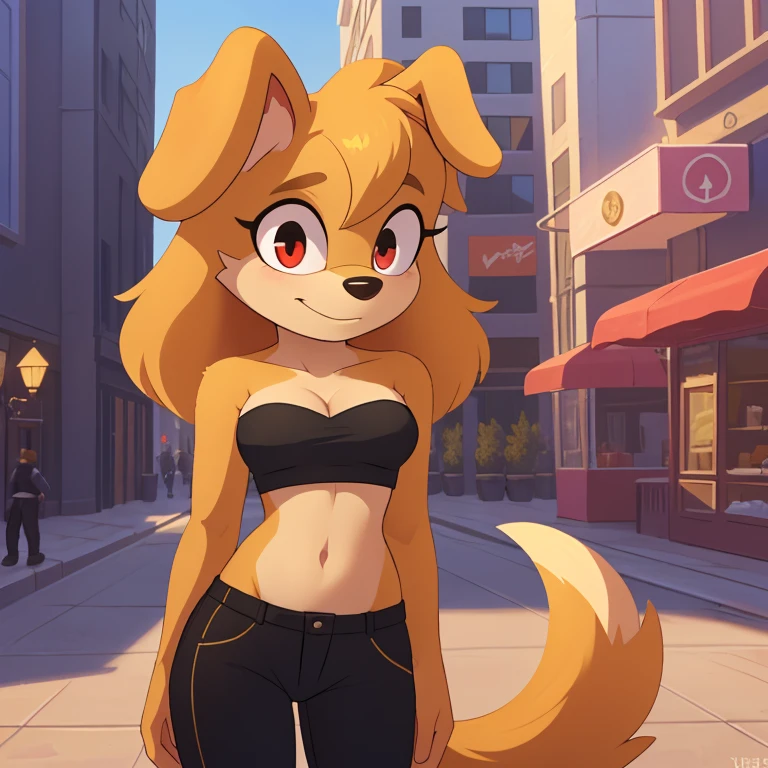 mobian female (golden retriever), ((masterpiece)), cute, attractive, ( wearing a strapless crop top:1.3), (wearing a black pants:1.5), medium breasts, cleavage, (correct proportions), (royal golden body fur:1.5), ( golden belly fur:1.1), (hair (royal golden color)):1.5, medium fluffy hair, (crystal red eyes):1.3, (dog tail):1.2, (dog ears):1.2, (city:1.5)