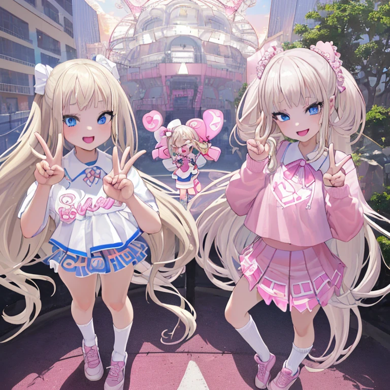 beautiful, (masterpiece:1.2), (best quality:1.2), Beautiful 10-year-old white girl with blue eyes, long swept-back straight blond hair, Happy and posing with peace signs, Pink and white frilly miniskirt, pink shirt, pink socks, white sneakers, California City background, daylight,