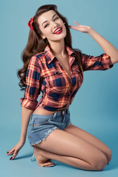 Ultra high resolution full body woman,(((Full length))), ((full body)) ((((((arm raised to front of face))))))
(((A woman in a in a plaid shirt and denim shorts))) ((lcheckered shirt)), perfect young face, smiling open surprising mouth, red lips, (((((pin ...