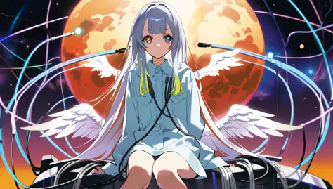 1girl, by yoneyama mai, by maimuro, pseudo-impasto, waving, Heterochromatic pupil, (sitting on a neon planet), cowboy shot,amazing quality, depressed, angel wings, solo, white long hair, wings bangs, provocative, cosmic background, cables and wires contras...
