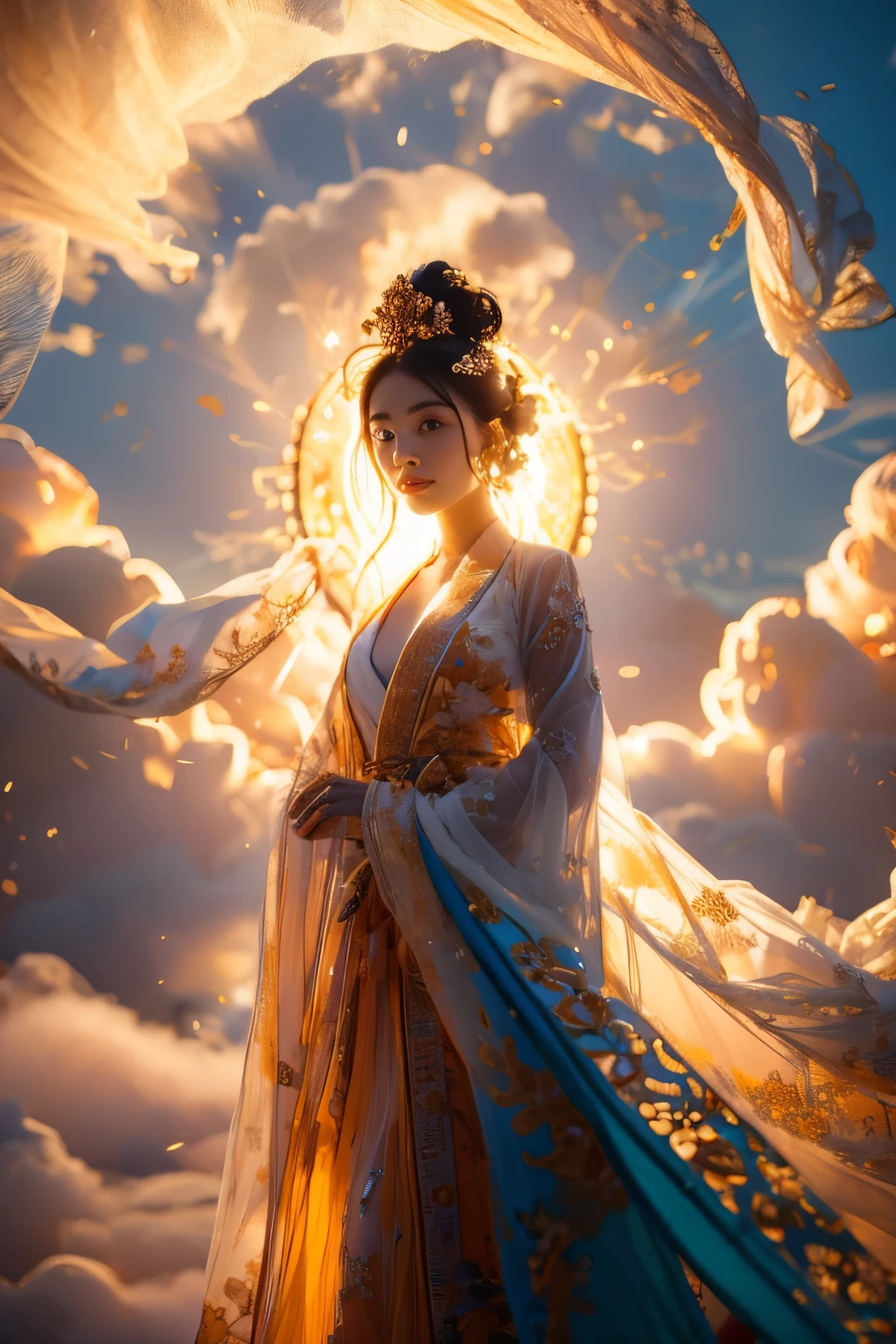 masterpiece,8K,best quality,quality composition,(bright picture:1.2),oriental legend,chinese mythology,chinese immortal,dynamic pose,1girl,solo,black hair,long sleeves,blue and orange clothing fusion,chinese clothes,hanfu,(halo:1.2),dress,hair ornament,half-length portrait,facing viewer,single hair bun,forehead mark,