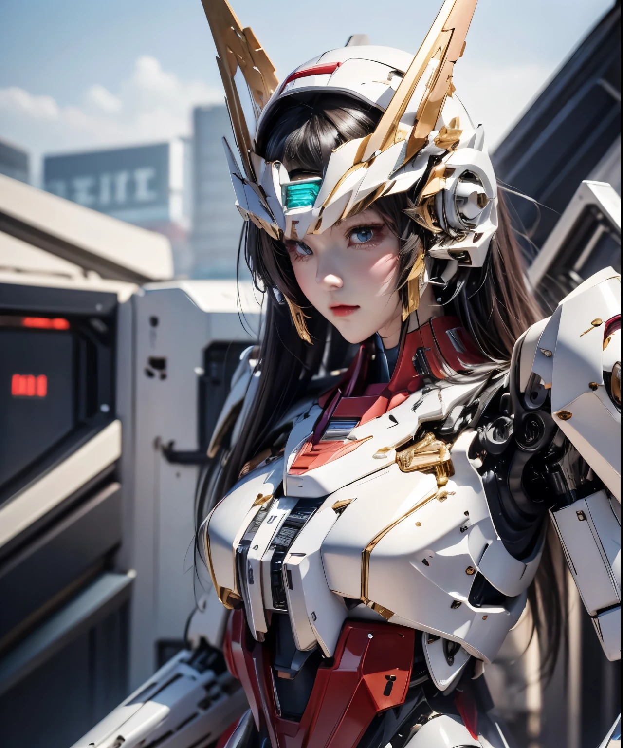 Textured skin, Super Detail, Attention to detail, high quality, 最high quality, High resolution, 1080P, hard disk, beautiful,(Gundam),Beautiful cyborg woman,Mecha cyborg girl,Battle Mode,Girl with a mechanical body,She wears a futuristic Gundam mecha,Full Body Shot