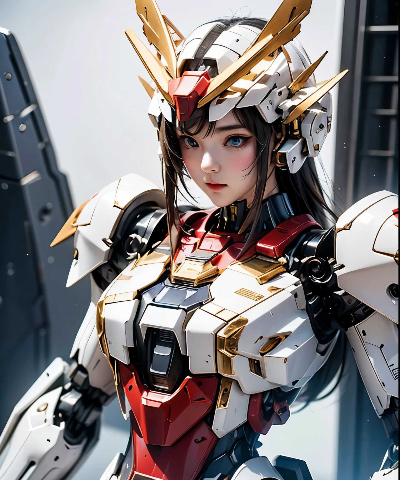 Textured skin, Super Detail, Attention to detail, high quality, 最high quality, High resolution, 1080P, hard disk, beautiful,(Gundam),Beautiful cyborg woman,Mecha cyborg girl,Battle Mode,Girl with a mechanical body,She wears a futuristic Gundam mecha,Full Body Shot