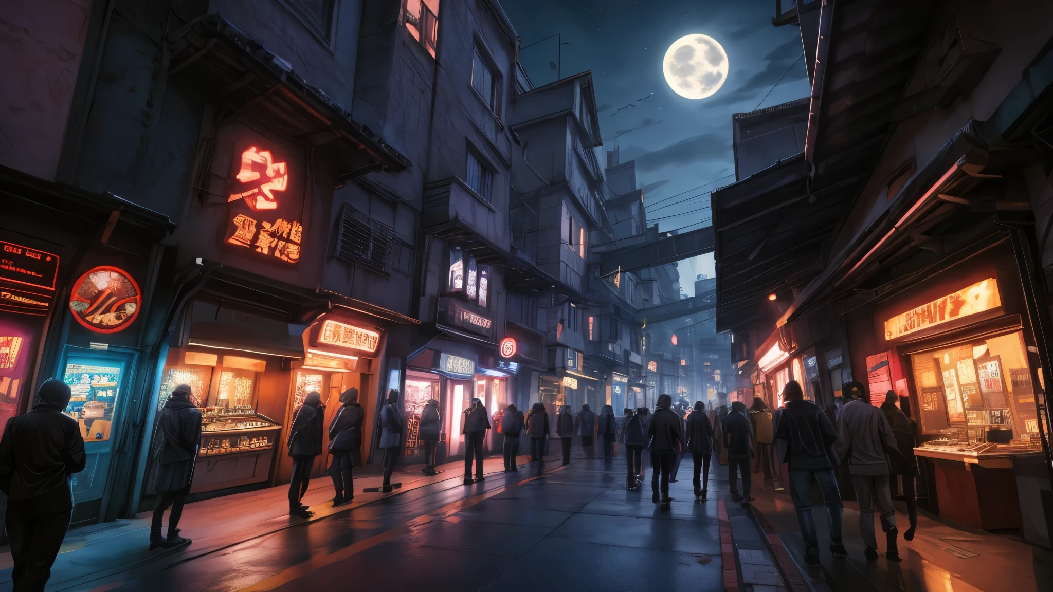 anime, high res, 4k, 8k, visual novel background, CG background, night, moon, cyberpunk town, street, outdoor scenery, detailed background, photorealistic, pixiv, sharp-focus, super detail,