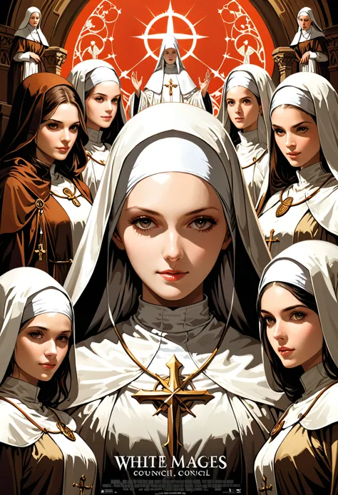 White Mages Council by Martin Ansin，White nuns，White Wizard，Numerous girls，Movie poster style，