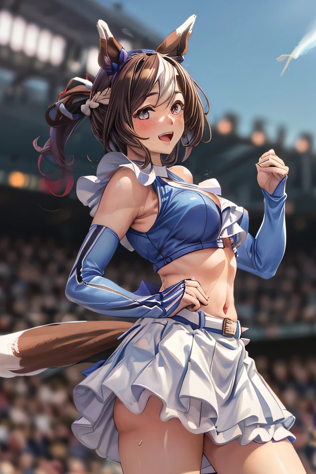 sexy dance show,(stadium, blurry background,blue sky,strong wind:1.2),special week \(umamusume\),perfect hands, perfect finger,perfect anatomy,masterpiece, best quality,realistic, hyperrealistic, 16k hdr,,what does the fox say,open mouth, happy smile, long hair, blush,  belt, crop top, blue ultra miniskirt, pleated skirt, midriff, detached sleeves, elbow gloves,sweat,navel,large breasts,cleavage,erected nipples,(from below:1.2),micro panty,horse tail