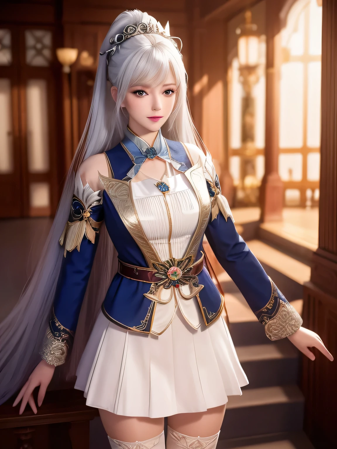 1girl, full body, long hair, dress,hair ornament, looking at viewer, mature female, good morning, thighhighs, clothing cutout, bangs, high collar,white skirt,ponytail, cowboy shot, long sleeves, belt,blue eyes,makeup, blush,best qualtiy，8K，tmasterpiece：1.3（Flower Cap：1.3），focal：1.2，Perfect beauty：1.4，glute：1.2，（Layered Hair Style：1.2）），（Dark streets：1.3），solo，Highly Detailed Face and Skin Textur，full bodyesbian，Elaborate Eyes，double eyelid，Whitens the skin ，white hair was long and didn't go past his knees.