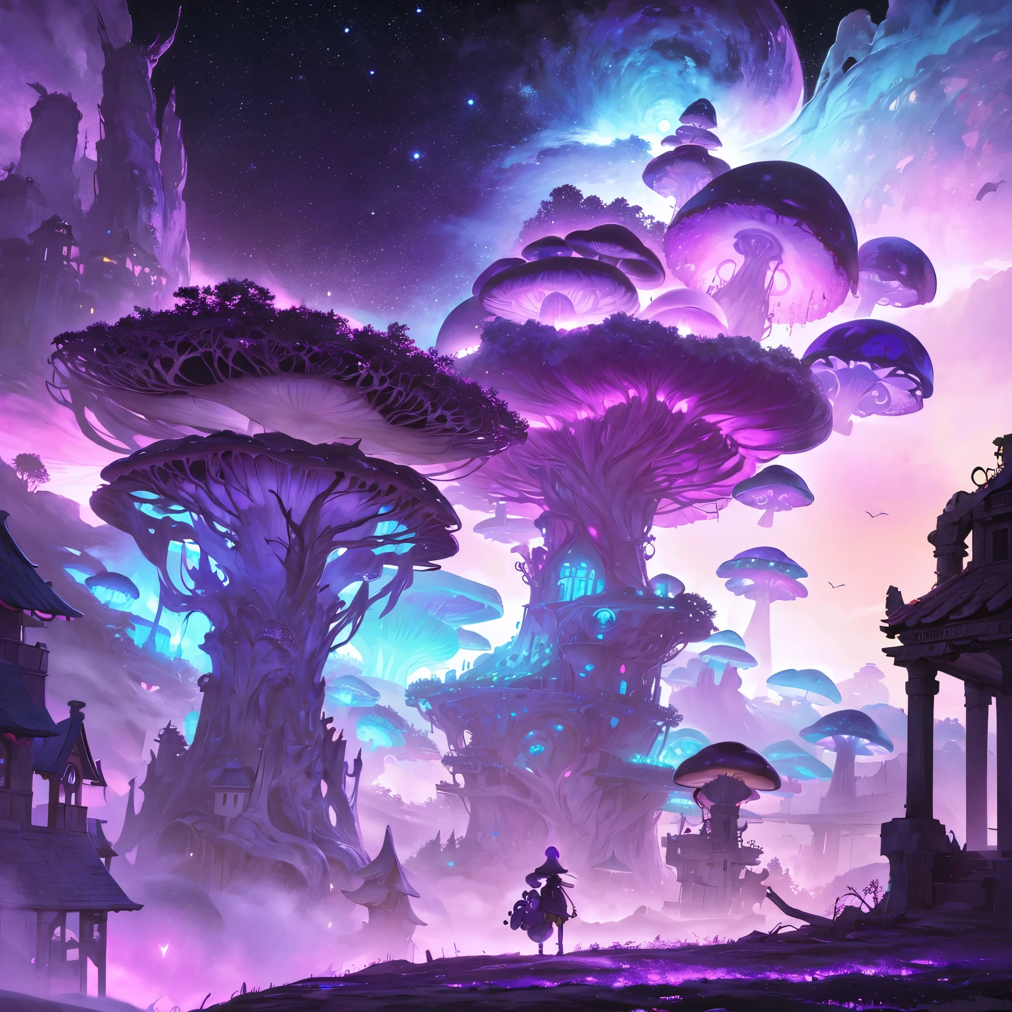 (masterpiece:1.2), The most beautiful village in the astral world, with giant mushrooms and houses of the craziest shapes, in shades of purple and a sky with cosmic ruins, cinematic composition, realistic lights, 8k.