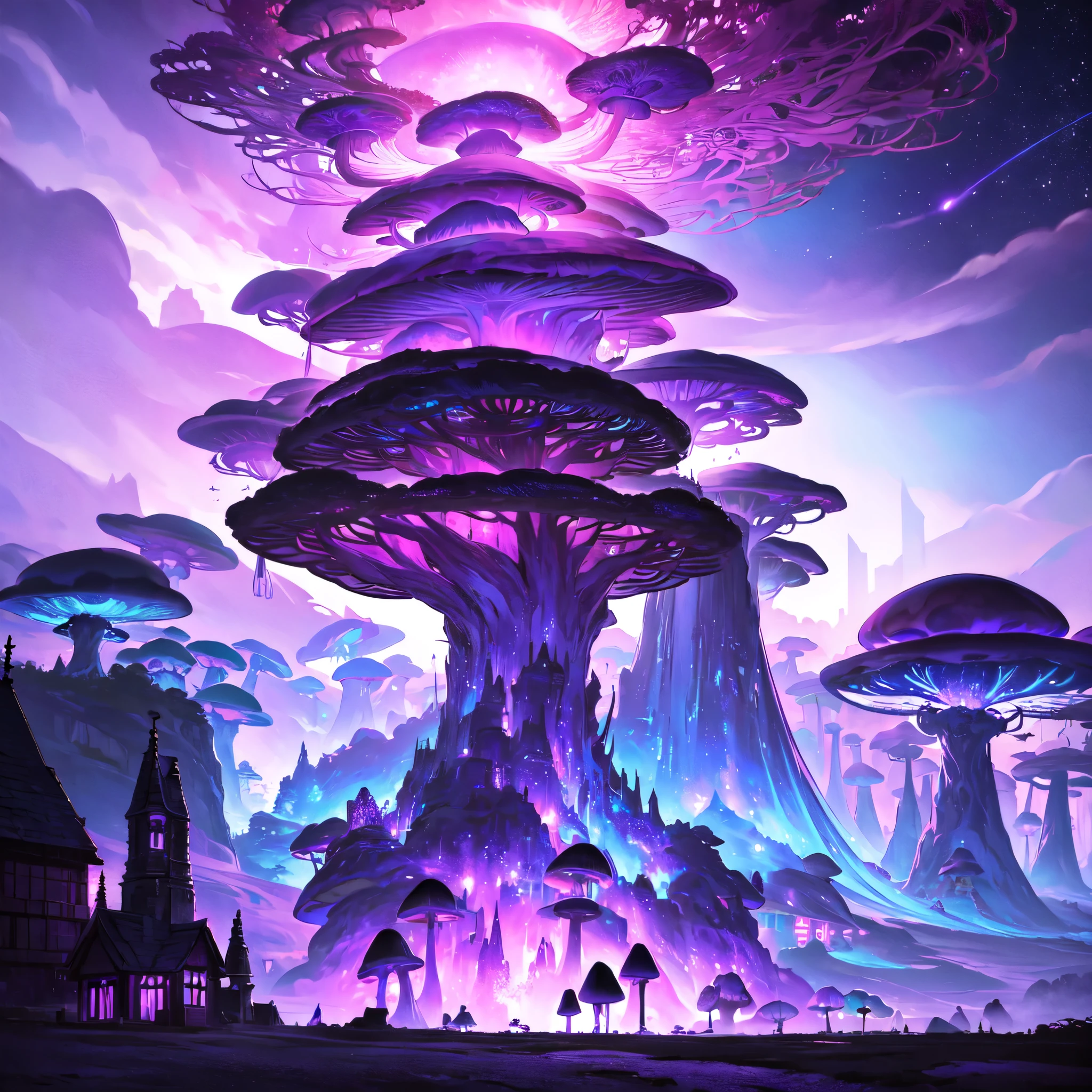 (obra de arte:1.2), A vila mais bonita do mundo astral, com cogumelos gigantes e casas dos formatos mais malucos, em tons de roxo e um céu com ruínas cósmicas, composição cinematográfica, Luzes realistas, 8K.