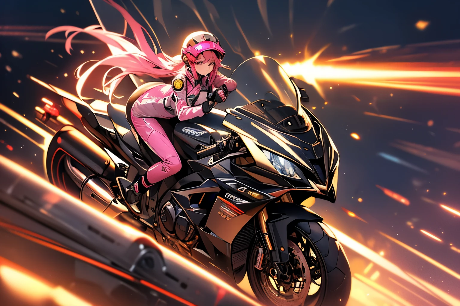 Highest image quality, outstanding details, ultra-high resolution, (realism: 1.4), the best illustration, favor details, highly condensed 1girl, with a delicate and beautiful face, wearing a pink mech, wearing a mecha helmet, holding a direction controller, riding on a motorcycle, the background is a high-tech lighting scene of the future city.