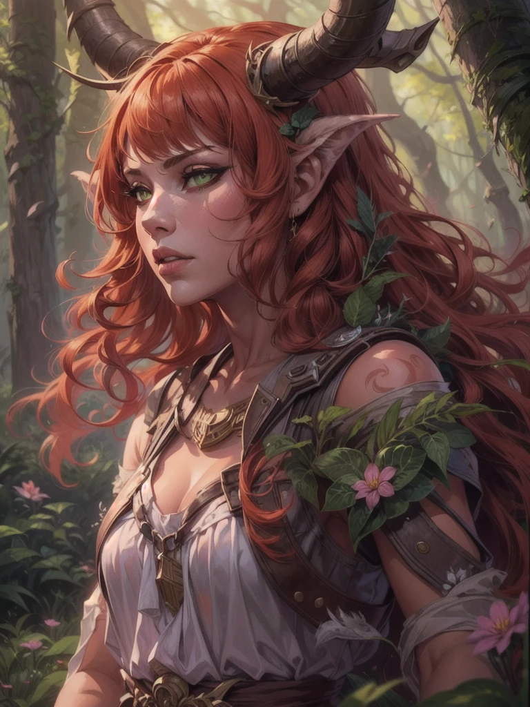 1European woman,30 years old,((Oni Horns)),curvy hair,orange-red hair,green eyes,wearing a druid tunic, guarding the forest, (background: Fairy Forest),Conceptual art,UHD,masterpiece,anatomically correct,high details,super detail,high quality,highres,4K,8k