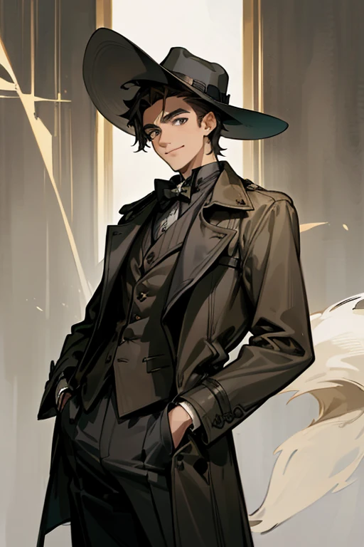 masterpiece, best quality, Practical, 1 person, Mature male, A quiet and charming young man, 25 years old, Extremely detailed face, ((Dark grey eyes)), ((Short dark brown hair)), [thick eyebrows], detective, ((Wearing a classic coat and fedora)), Movie Lighting, Looking at the audience, Postural dynamics, Victorian Era, Arms in pockets，Young British businessman in the Jazz Age，Gentlemanly manners，Unkempt hair，Black hair，Trench coat，Smile，masterpiece，Black low hat，Hair with a wolf tail