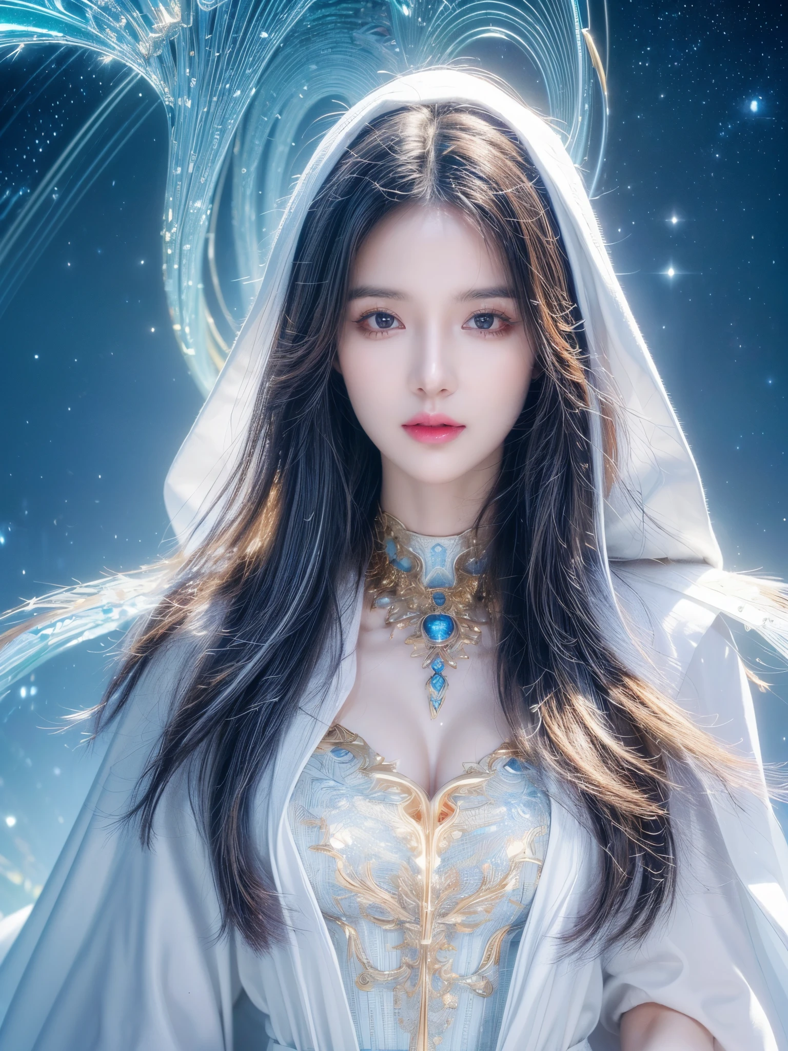 (masterpiece, top quality, best quality, official art, Beautiful and beautiful:1.2), (1 girl), extremely detailed eyes, (fractal art:1.3), rich and colorful, most detailed, (perfect face), shiny skin, high dynamic range, (white cloak golden lines:1.2), galaxy, (light streaks), Eye-catching visuals, (dynamic stripes, glow trail:1.2), bright colors, (Phoenix), (dragon)