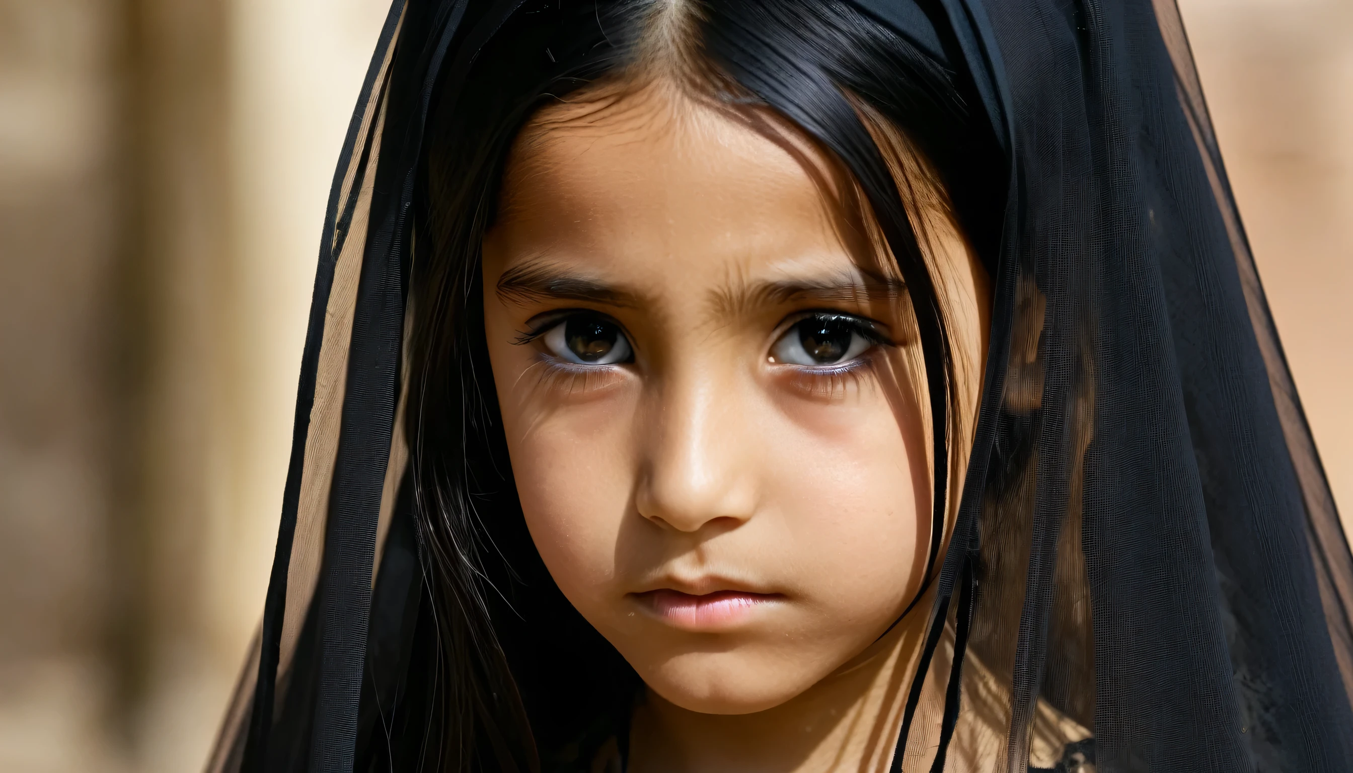 Arab girl, 6years old, sad, 1girl, looking_at_viewer, long_hair, black_hair, solo_focus, pov, realistic, veil, black_eyes, upper_body