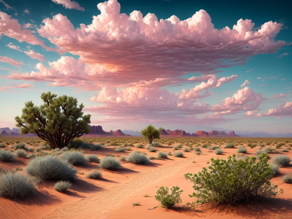 summer, Desert, Pink clouds, Earth, overgrown with roses, James Gurney, rendering of an art station, Ultra wide angle lens, a high resolution