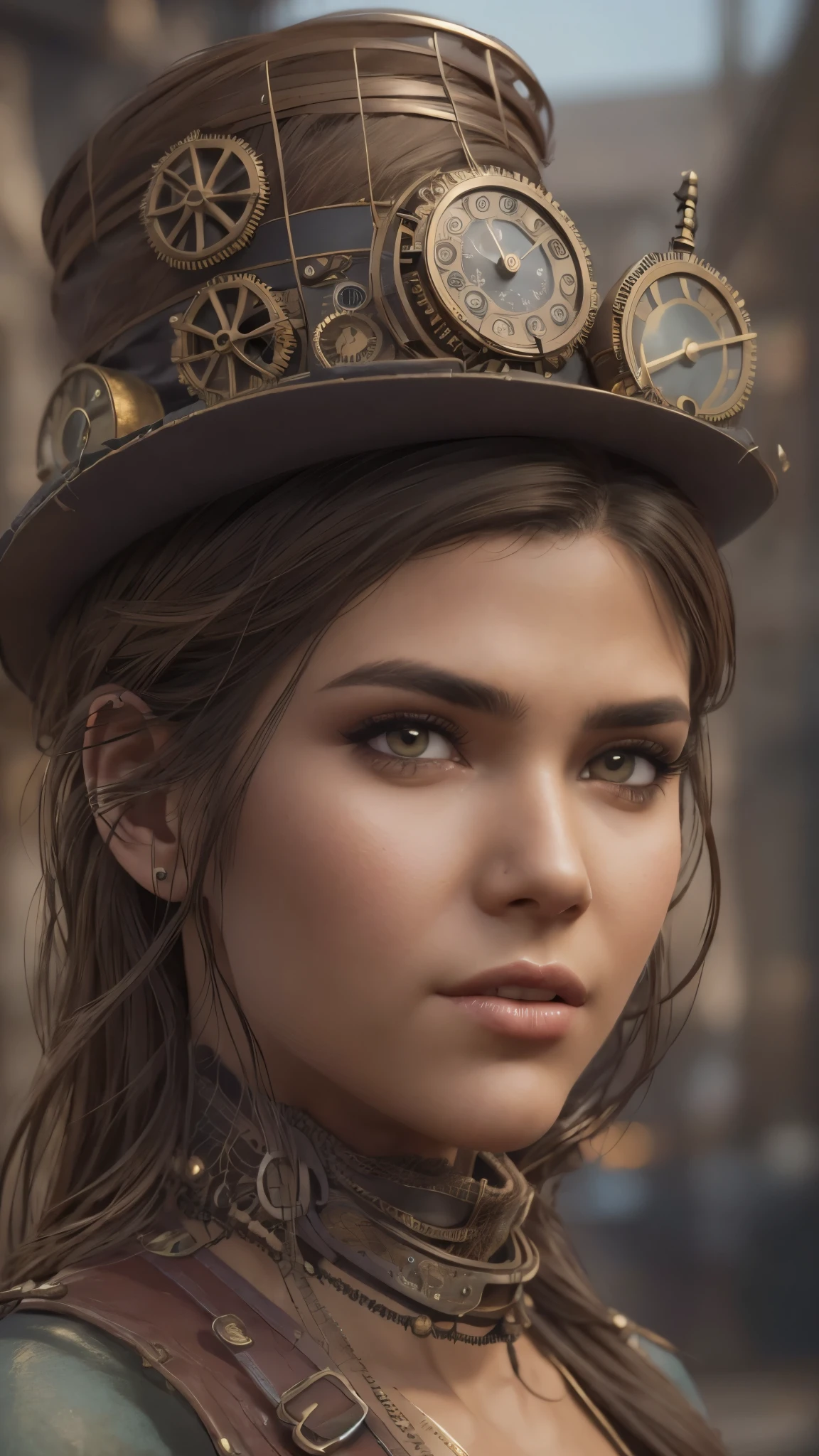 Columbian 19 year old girl, Kassandra, half body view, (front to camera), detailed european face, (aspiring facial expression), (((steampunk style close))), ((steampunk city on the background)), RAW, analog style, ultra detailed photograph, cinematic lighting, artstation, 4k, sharp focus, high resolution, detailed skin, detailed eyes,