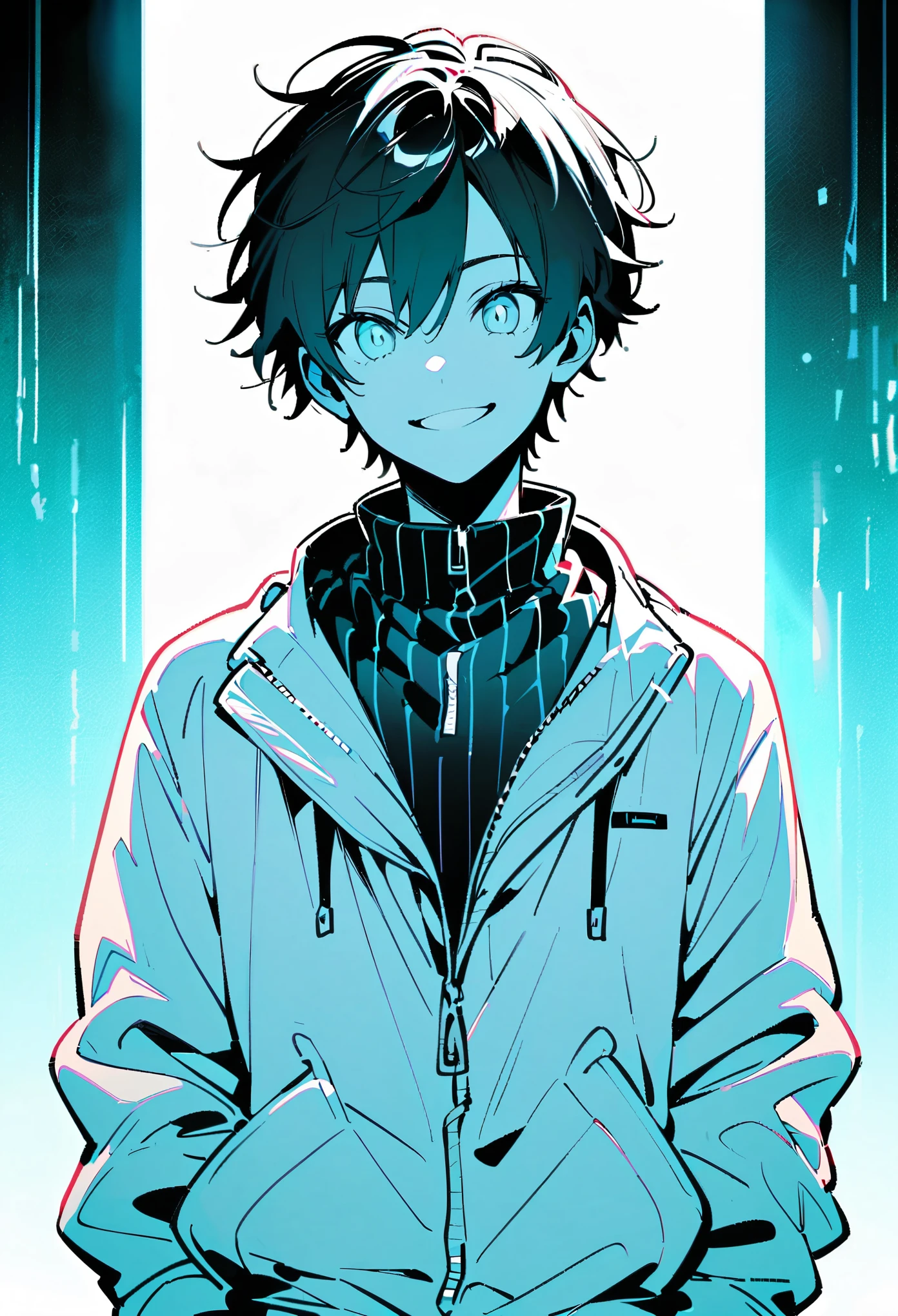 alone, View your viewers, smile, One boy, Jacket, Monochrome, Men&#39;s Center, Lips parted, Shine, Portraiture, Shine eyes, Spot colors, High collar, Shine eye, Red Theme ,Anime type and high details