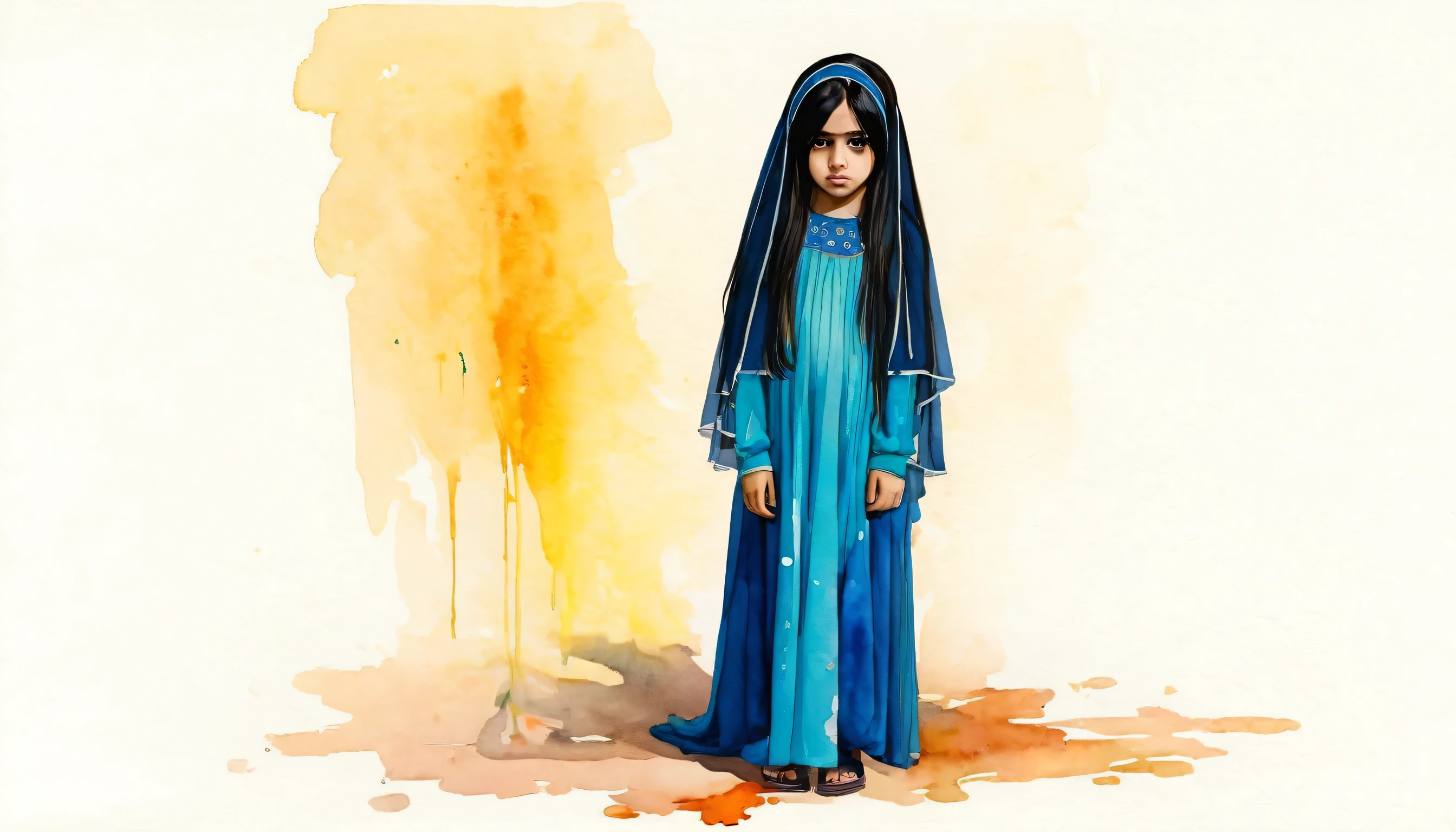 Arab girl, 6years old, sad, 1girl, full body, looking_at_viewer, long_hair, black_hair, solo_focus, pov, realistic, veil, black_eyes, modern art, painting, drawing, watercolor, psychedelic colors