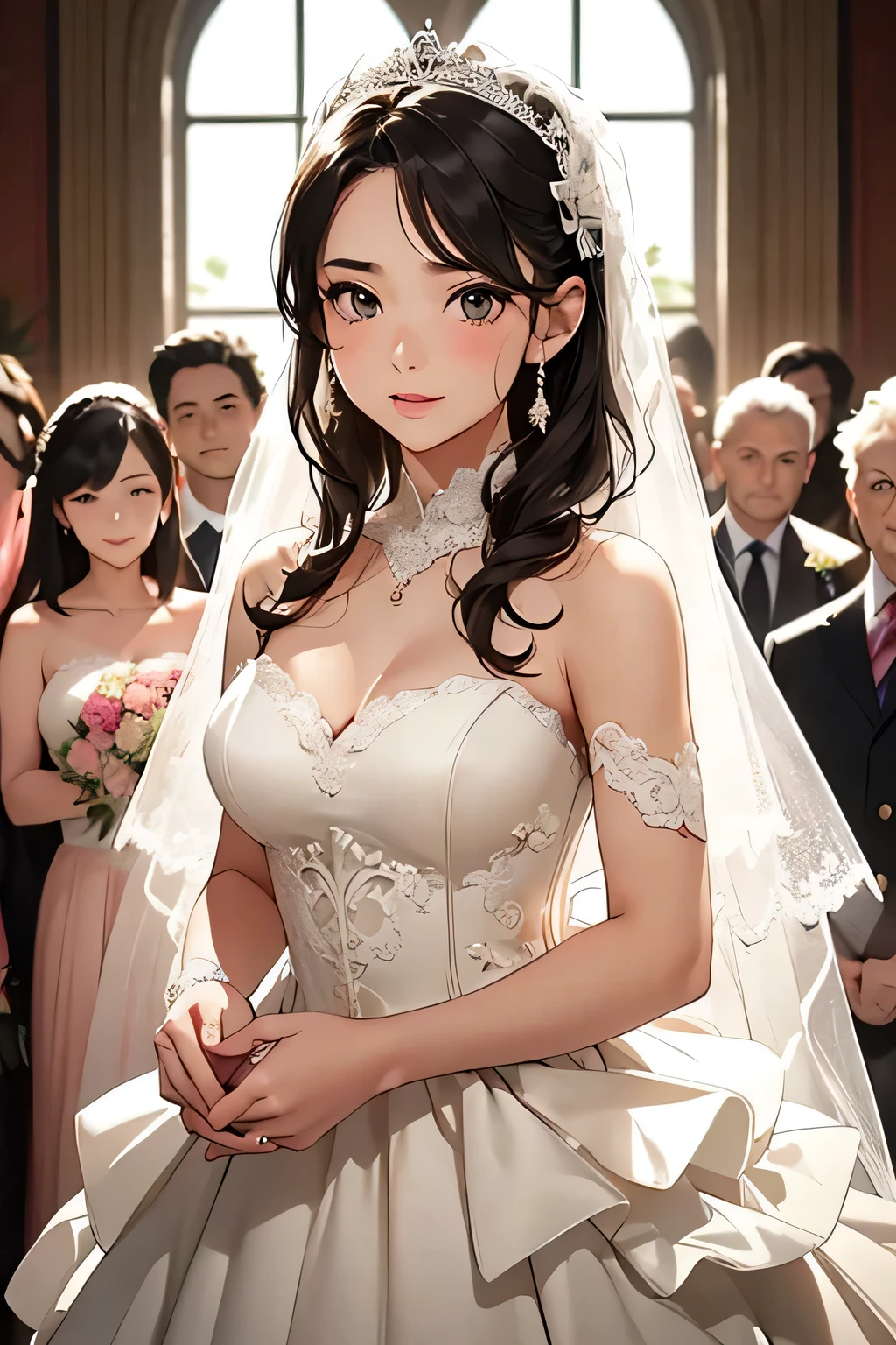 highest quality、High resolution、Detailed Background、(Beautiful face in every detail:1.4)、Anatomically correct、(Draw the usual number of fingers:1.2)、(Detailed facial expressions)、(Detailed eyes:1.2)、(Detailed eyes:1.2)、Beautiful, smooth skin、Beautiful women in their 20s、(Highly detailed face:1.4)、Cute color hair color、well-groomed eyebrows、Cute Eye Makeup、Cute Lip Makeup、Perfect body line、(Minimally revealing clothing:1.2)、wedding style、I look around with a smile and am surrounded by love and happiness、Cuteness and adult femininity、Happy expression、

(A bride in a wedding dress is congratulated by her family and friends:1.5)、

The lace design is both cute and elegant.、Lace wedding dresses can give off a feminine vibe.、The lace detailing on the back and sleeves gives the dress a classy and cute look.、

fit＆The flare silhouette fits from the waist to the hips and then spreads out like a flared skirt.、This silhouette not only accentuates the waist but also brings out the feminine side of the figure.、A flared skirt with soft materials and designs will give you a cuter look.、

Pastel colors are great for expressing cuteness and softness.、Pink or pastel blue、Pale colors such as mint green give a wedding dress an elegant and cute look.、

A wedding dress with bow detailing can accentuate the cuteness of the dress.、The large bow design on the chest and back adds a gorgeous accent to the entire dress.、

A tiered skirt has multiple ruffles and layers.、
This design gives a cute and dynamic impression.、The tiered skirt is made of soft materials and lace, creating an elegant and cute atmosphere.、very beautiful