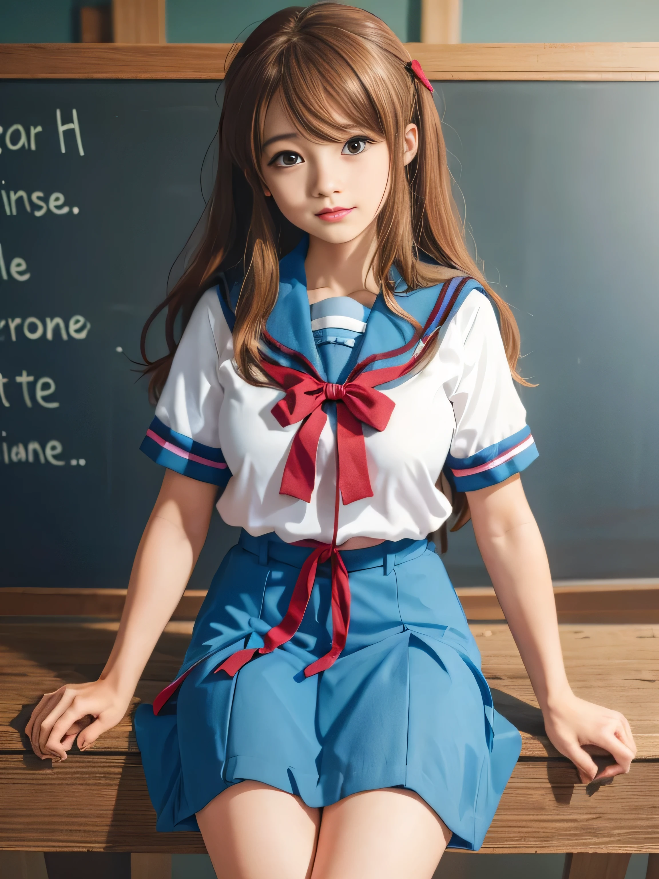 (RAW quality:1.4)、8k resolution、Ultra-high-definition CG imageasterpiece、highest quality、Hi-Lake 1、One Girl、15 years old, Mikuru Asahina、length、North College Uniform、solo、青いSailor collar、Sailor collar、serafuku、Blue Skirt、Short sleeve、Red ribbon、Huge bust、Classroom background with blackboard、