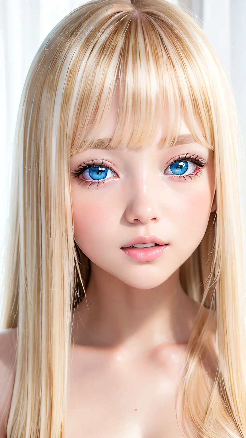 Portrait、、Bright expression、Young shiny glossy white glossy skin、The best beauty、Blonde reflection、Blonde hair with highlights、Shiny bright hair,、Smooth, super long, straight hair、Shiny beautiful bangs、Sparkling crystal clear attractive big bright blue eyes、Very beautiful lovely cute 16 year old girl、With slit、