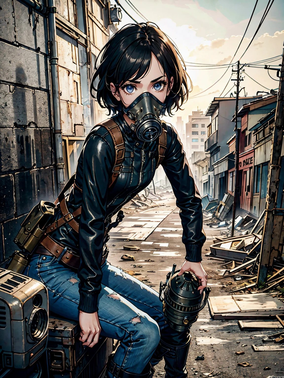 1girl, (solo:1.2), [slim], (small chest), pale skin, ((detailed eyes)), (bokeh effect), (dynamic angle), dynamic pose, (deserted city:1.3), short curly hair, leather jacket, ripped jeans, high boots, (backpack), knife holder, (gas mask:1.2), (ruined buildings), (dark and cloudy sky), dirty hair, (wasteland:1.3), dirty hair, radio, ((masterpiece)) close up shot