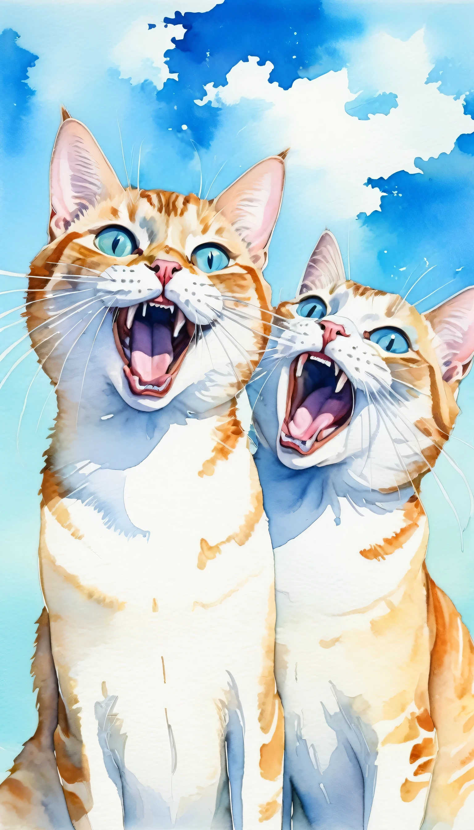 a couple of cats taking a selfie, funny expression, no_humans, cat, animal_focus, looking_at_viewer, animal, open_mouth, slit_pupils, cloud, fangs, blue_sky, whiskers, modern art, painting, drawing, watercolor, psychedelic colors