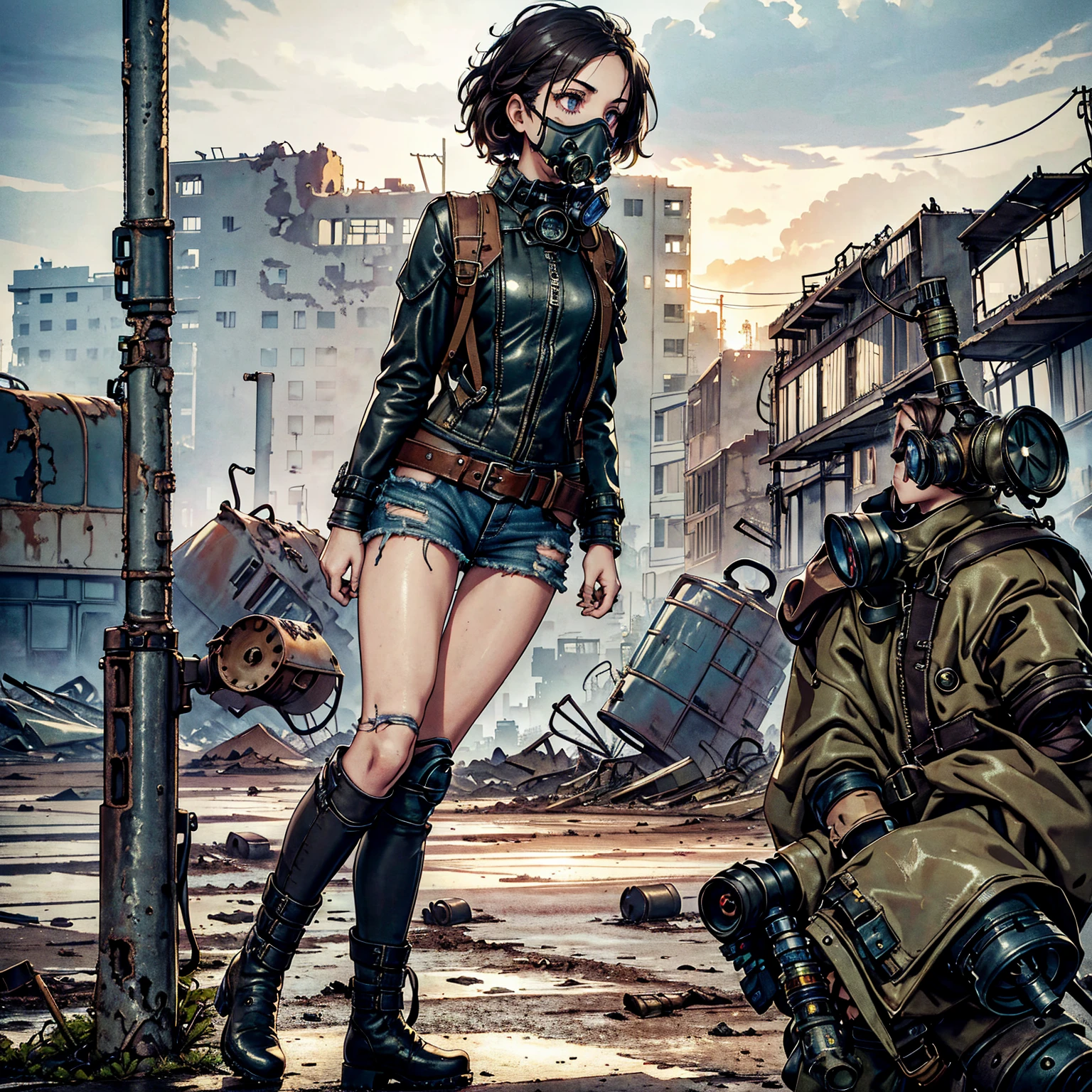 1girl, (solo:1.2), [slim], (small chest), pale skin, ((detailed eyes)), (bokeh effect), (dynamic angle), dynamic pose, (deserted city:1.3), short curly hair, leather jacket, ripped jeans, high boots, (backpack), knife holder, (gas mask:1.2), (ruined buildings), (dark and cloudy sky), dirty hair, (wasteland:1.3), dirty hair, radio, ((masterpiece)) close up shot