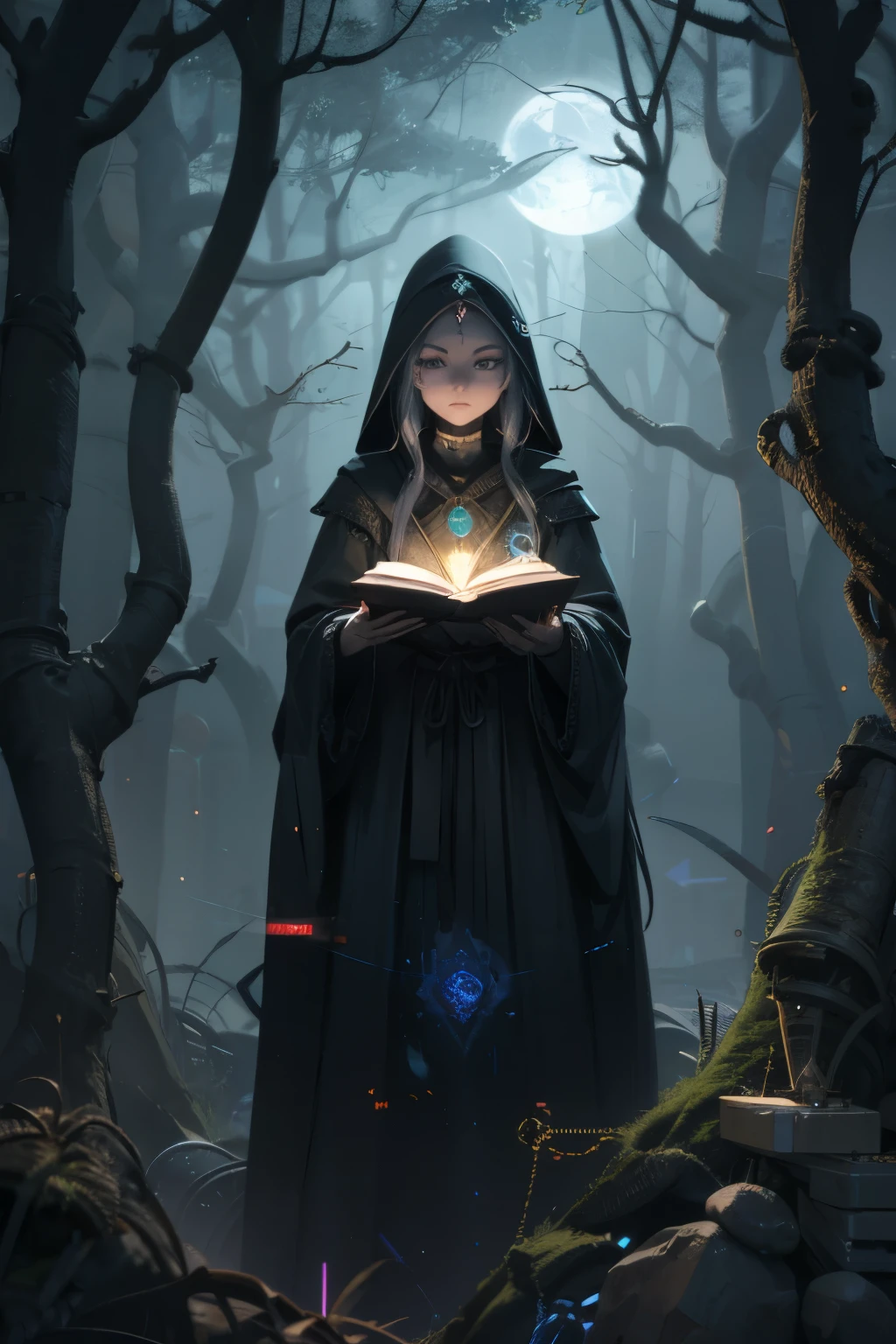 depicts a modern-day witch who has embraced the world of cybernetics to enhance her magical abilities. The artwork should convey the enchanting blend of traditional witchcraft and futuristic technology. Here are some specific elements to include: The Witch's Lair: The setting should be a cozy yet slightly eerie room, filled with magical books, crystal balls, potion ingredients, and antique furnishings. The room should be dimly lit by candles and a soft, mystical glow emanating from her cybernetic enhancements. The Cyborg Witch: The central focus of the artwork is the witch herself. She's a striking figure with a mix of traditional witch attire and cybernetic enhancements. Her clothing should have a witchy, occult aesthetic, with flowing robes, a pointed hat, and an intricate pentagram necklace. Her arms, however, have been upgraded with cybernetic components that incorporate magical symbols and glowing runes. Magical Interface: The witch is in the midst of casting a spell, with a holographic, touch-screen interface floating before her. This interface includes spell incantations, arcane symbols, and digital components, demonstrating her fusion of magic and technology. Spell Ingredients: On a nearby table, there should be a collection of spell ingredients, like herbs, potions, and magical artifacts. Some of these items may have been modified with cybernetic enhancements, blurring the line between the natural and the technological. Familiar: The witch's familiar, perhaps a cat or raven, should be present in the scene, serving as her magical companion. The familiar could also have subtle cybernetic enhancements or glowing eyes. Glowing Runes: The room should be adorned with ancient symbols and glowing runes on the walls and floor, contributing to the magical atmosphere. Aetherial Lighting: Use a combination of mystical, ethereal lighting and cybernetic glows to create a captivating interplay of light and shadow. The contrast between the tradit