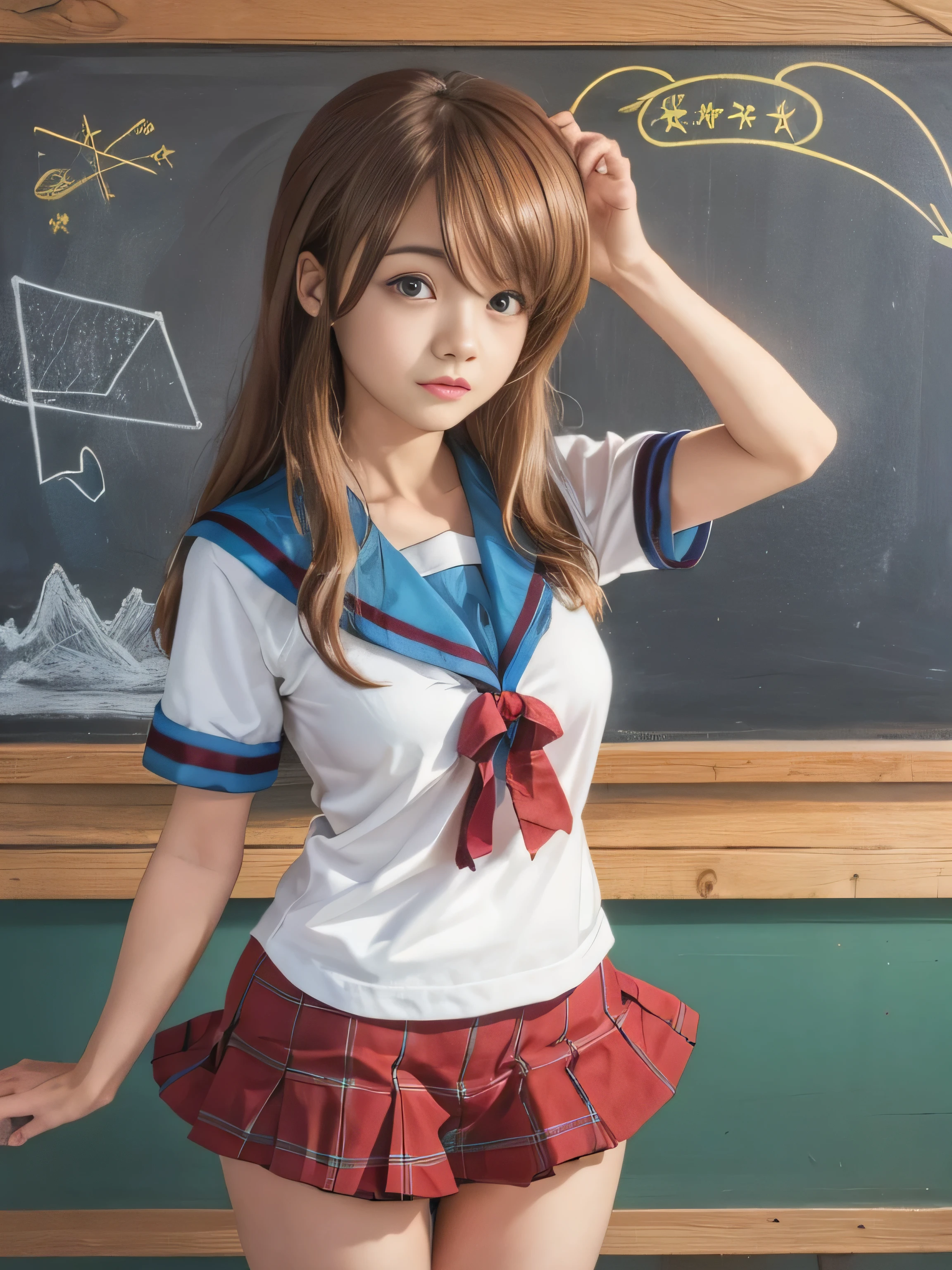 (RAW quality:1.4)、8k resolution、Ultra-high-definition CG imageasterpiece、highest quality、Hi-Lake 1、One Girl、15 years old, Mikuru Asahina、length、Ultra-thin North College uniform、solo、青いSailor collar、Sailor collar、serafuku、Blue Skirt、Short sleeve、Red ribbon、Huge bust、Classroom background with blackboard、