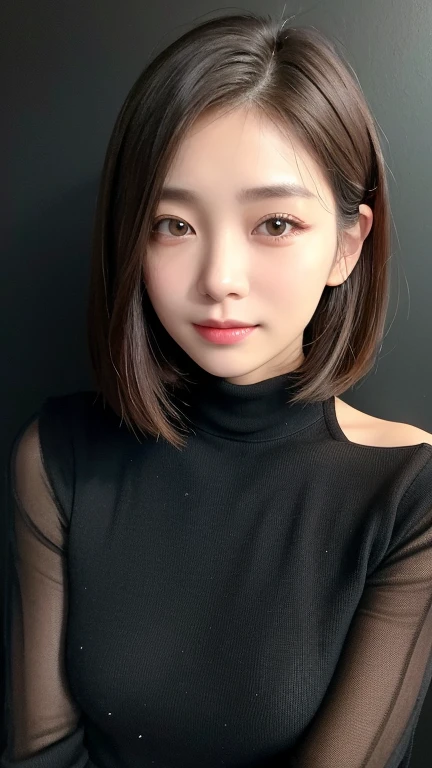 (((Close-up of face)))、(((Absolutely shoulder-length brown straight short bob)))、(((She is posing like a hair salon model, with a black wall indoors as the background.)))、(((Casual black winter long sleeve outfit)))、Half Japanese, half Korean、18 year old girl、Standing Alone、Looking forward、Light eye makeup、Brown Hair Color、Flat and 、Hair blowing in the wind、Actress Quality、Glossy, ultra-realistic face、Smiling face、Watery eyes、Gazing Up、Subtle lighting effects、 Ultra-Realistic Capture、Very detailed、High resolution 16K close up of human skin。Skin texture must be natural、The details must be such that pores can be clearly seen、The skin is healthy、Uniform tone、Use natural light and colors、A worn-out, high-quality photo taken by a model agency&#39;s in-house photographer.、smile、(((SIGMA 300 mm F/1.4,1/1000 sec shutter,ISO 400)))