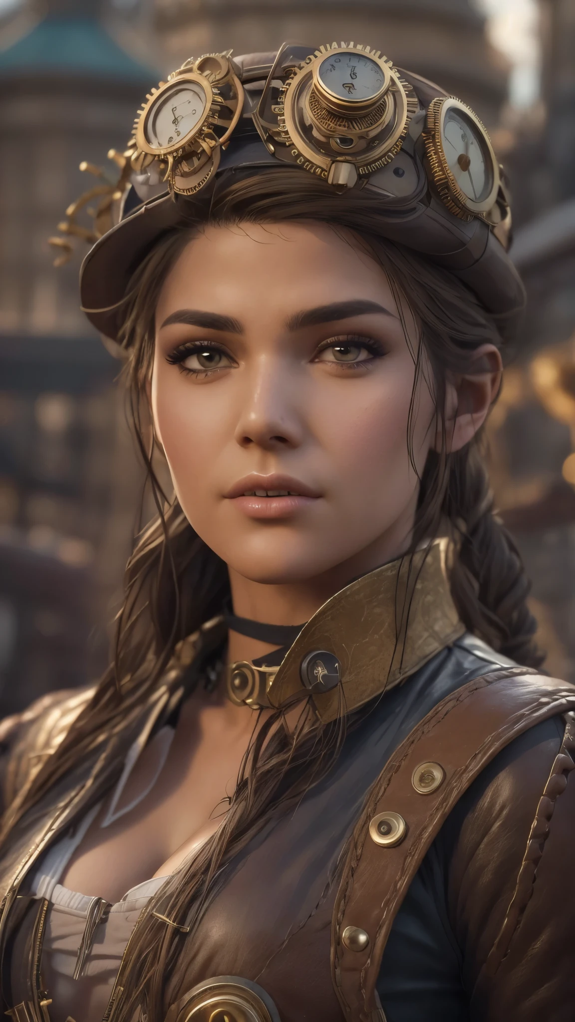 Columbian 19 year old girl, Kassandra, half body view, (front to camera), detailed european face, (aspiring facial expression), (((steampunk style close))), ((steampunk city on the background)), RAW, analog style, ultra detailed photograph, cinematic lighting, artstation, 4k, sharp focus, high resolution, detailed skin, detailed eyes,