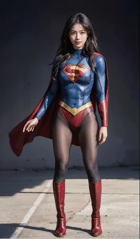 No background、(((Beautiful legs in black tights.)))、(((Legally express the beauty of your smile)))、((((Make the most of your original images)))、(((Supergirl Costume)))、(((Beautiful Hair)))、(((suffering)))、(((Please wear black tights....、Wear red boots)))、(...