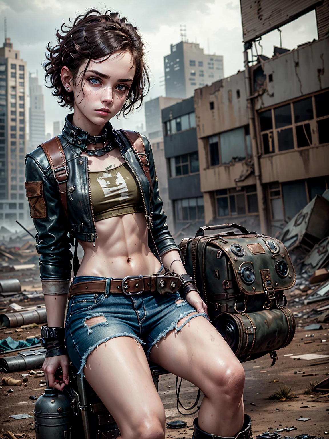 1girl, (solo:1.2), [slim], (small chest), pale skin, ((detailed eyes)), (bokeh effect), (dynamic angle), dynamic pose, (deserted city:1.3), short curly hair, leather jacket, ripped jeans, high boots, (backpack), knife holder, (ruined buildings), (dark and cloudy sky), dirty hair, (wasteland:1.3), dirty hair, radio, ((masterpiece)) close up shot