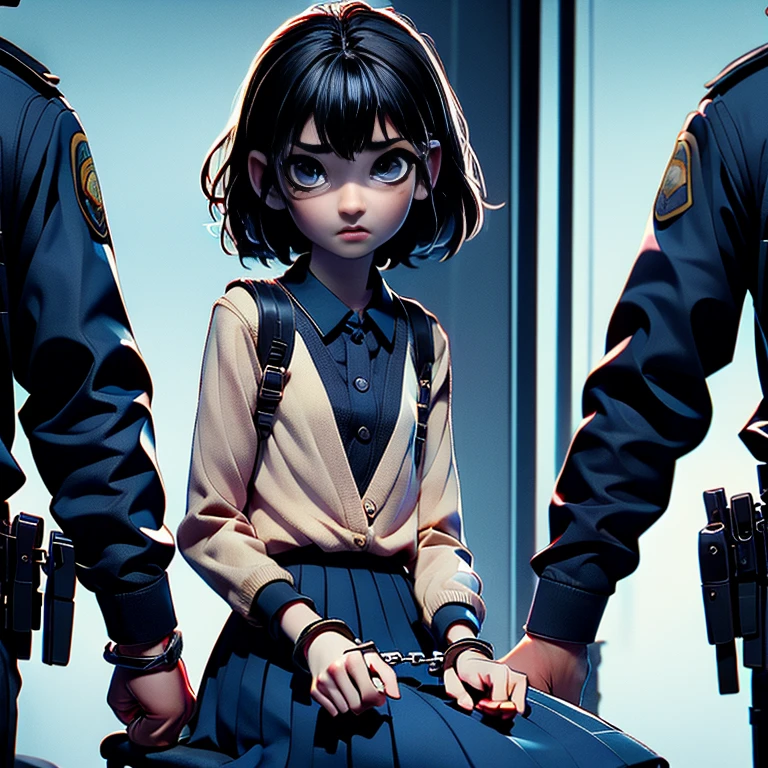 1girl, (solo:1.2), [slim], (small chest), pale skin, ((detailed eyes)), (bokeh effect), (dynamic angle), one girl with handcuffed wrists sitting in interrogation room, scared expressions:1.2, torn clothes. 