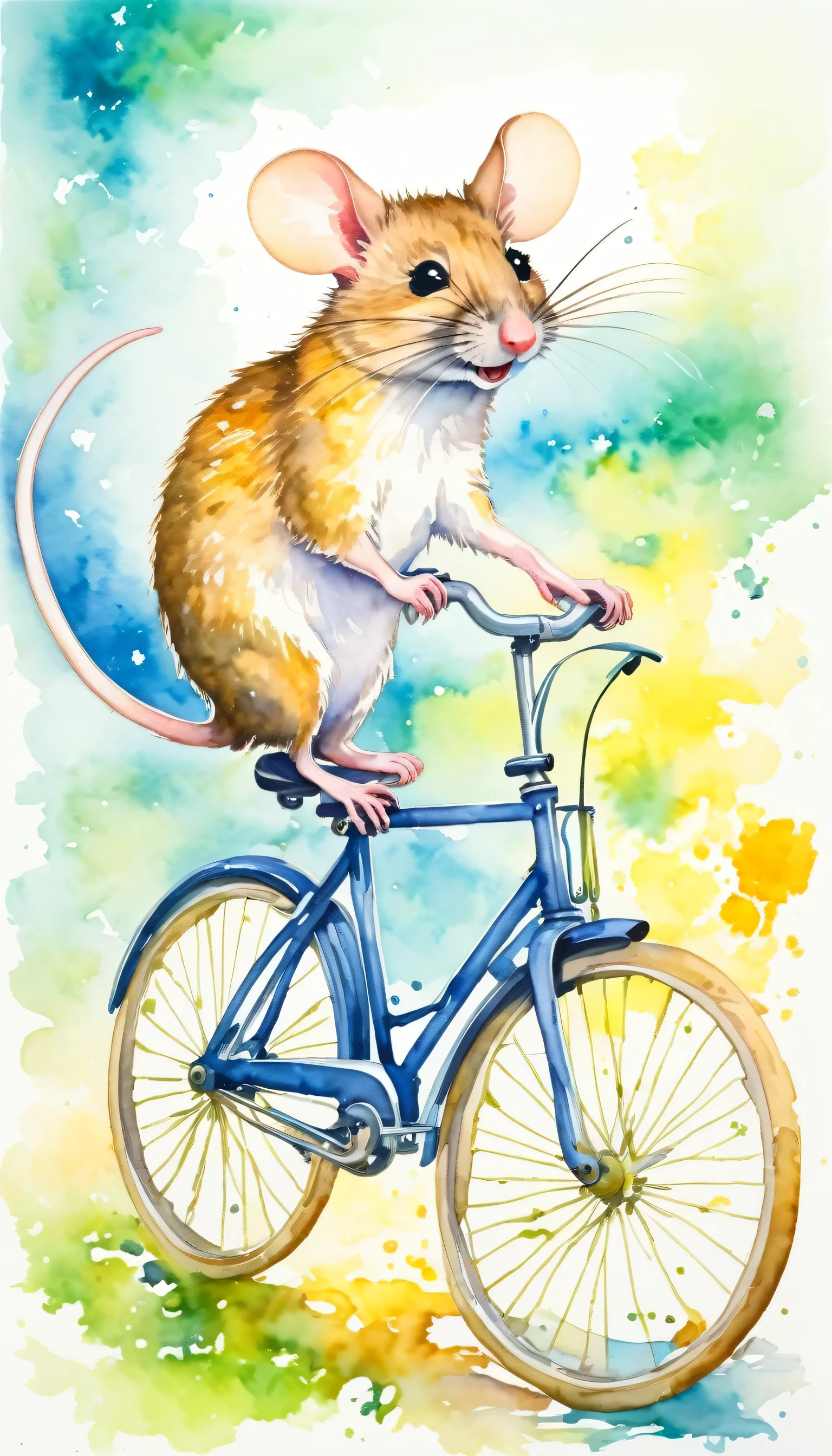a mouse riding a bicycle, funny, funny mouse, bicycle, animal, no_humans, mouse, riding, animal_focus, from_side, day, modern art, painting, drawing, watercolor, psychedelic colors