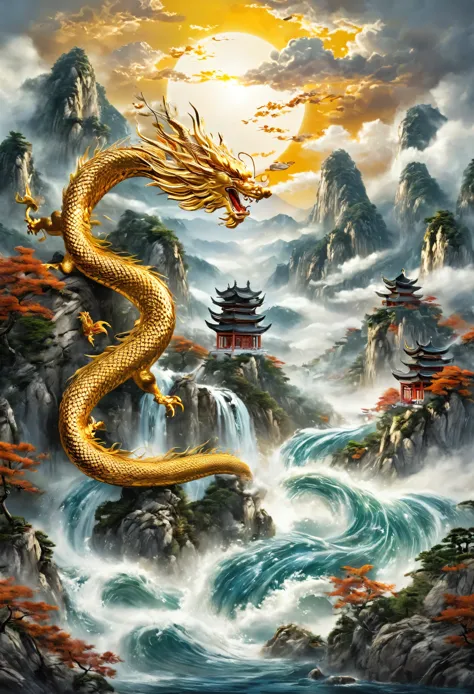 (masterpiece, best quality: 1.2)针织Mountain水画，river，Mountain，sun，Chinese dragon in the clouds