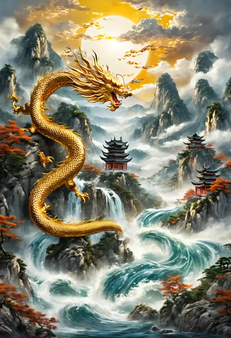 (masterpiece, best quality: 1.2)针织mountain水画，river，mountain，sun，chinese dragon in the clouds