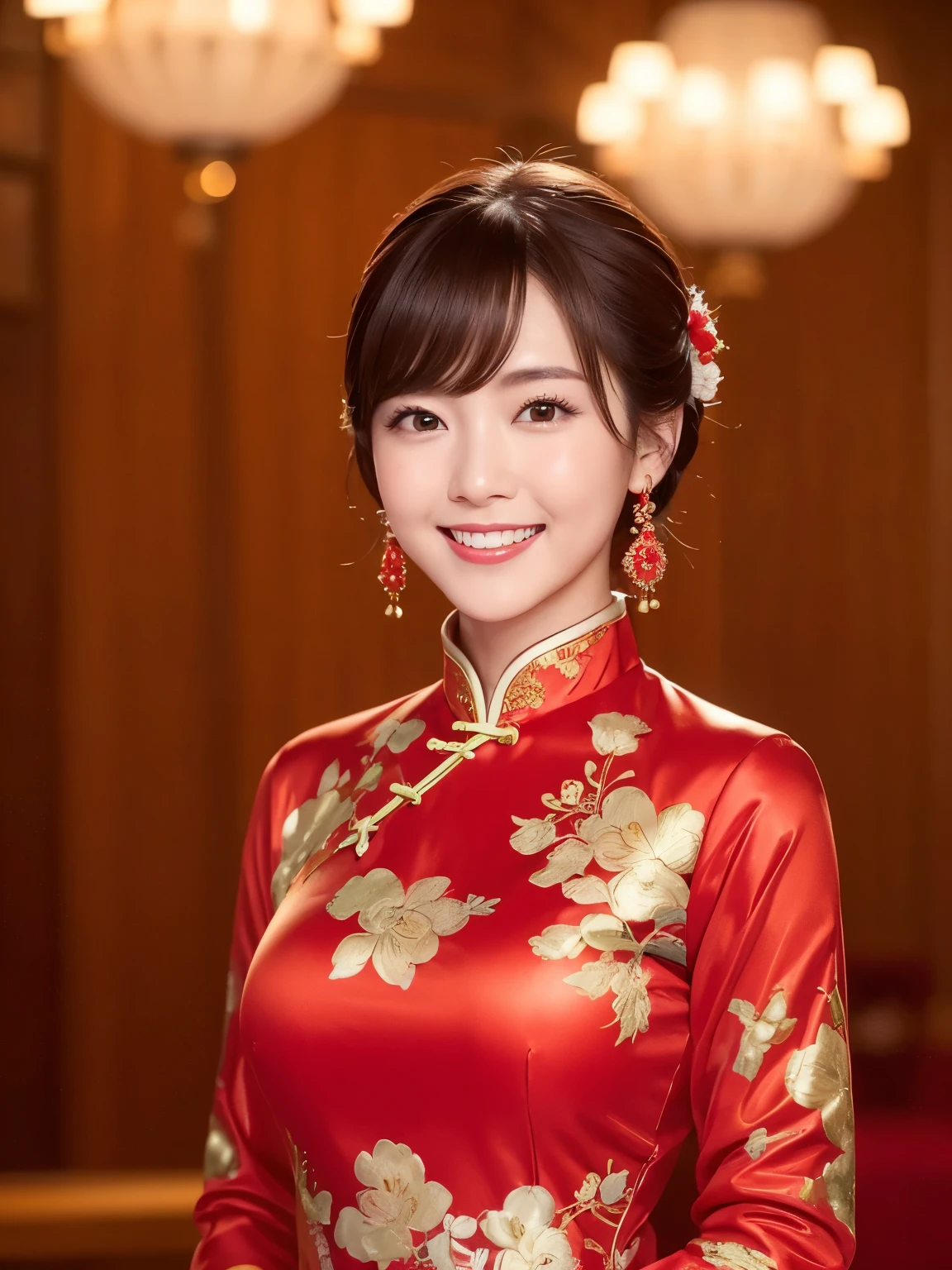 One Girl,Shrubs,Girl Girl,China dress,Red Chinese clothing,Blunt haircut,(masterpiece:1.4),(highest quality:1.4),(Oily, Shiny skin),Red lips,Looking at the audience,Big Breasts,Cleft lip, Upper Body,（A kind smile：1.5）