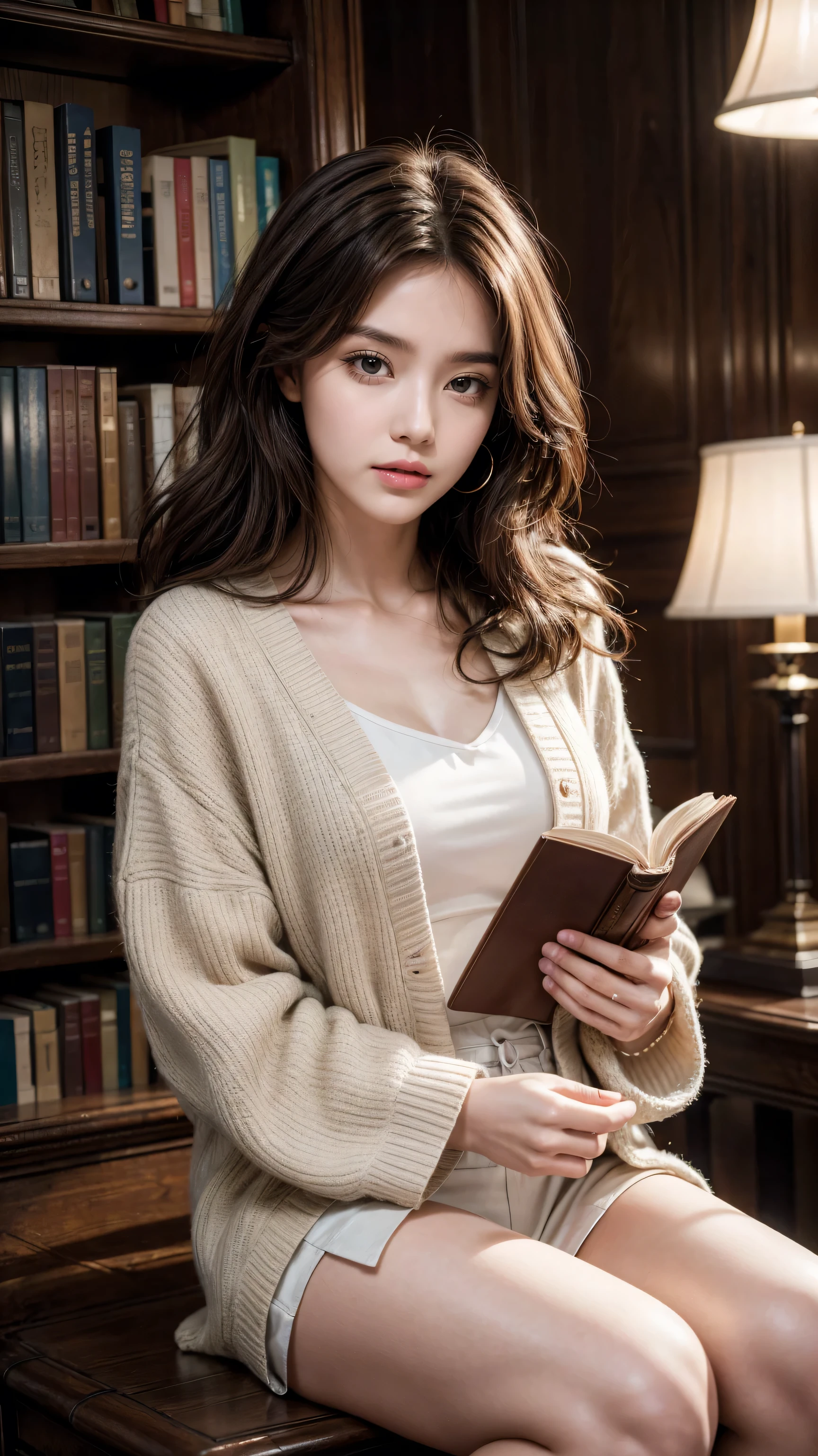 Photo of a 75-year-old man, Beautiful brunette ((Model)) Teach Pastor, Looking forward to being seated, Light brown eyes, curls, Very magnificent, Combination with elegance, ((Wearing a palitó Good ally)), (Hypnosis), very detailed face, beautiful eyes, [Good condition],Holding a book，Obviously a Bible，Behind the bookshelf, charming,  (Rembrandt Lighting), Zeiss lens, Surreal, (Very delicate skin: 1.2), 8K Ultra HD, DSLR camera, dramatic rim light, high quality, Fuji XT3,