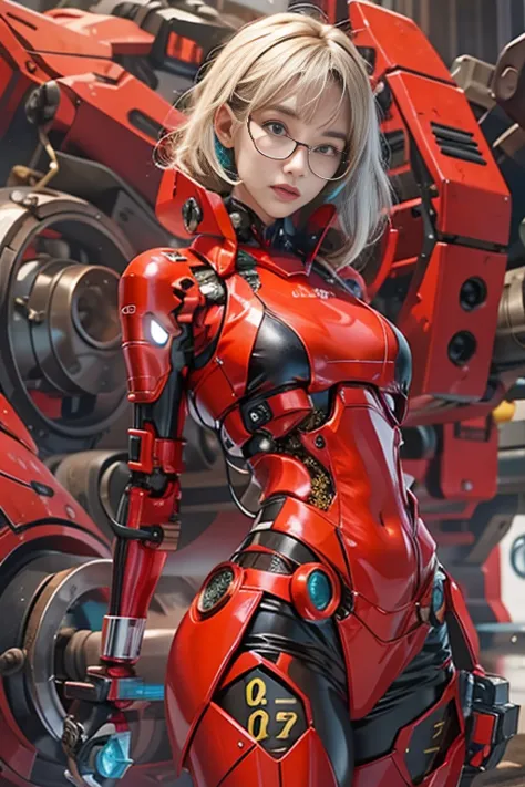 optical reality，hips up,young woman in a futuristic cybernetic bikini，red robot cybermachinery,battlefield backdrop