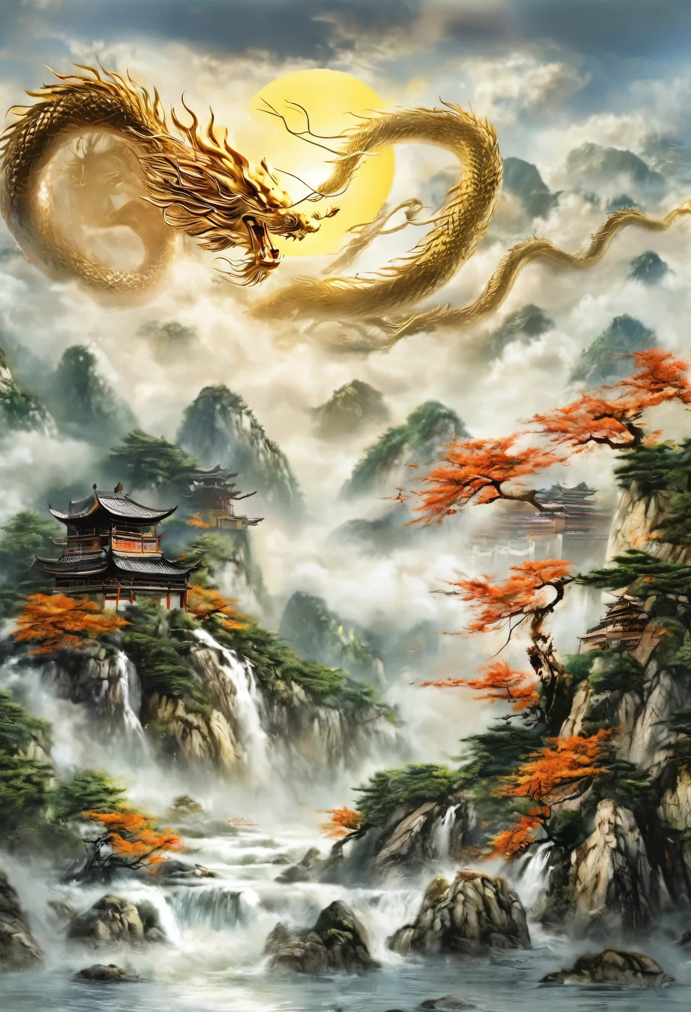 (chef-d&#39;œuvre, Meilleure qualité: 1.2)针织montagne水画，rivière，montagne，soleil，Dragon chinois dans les nuages