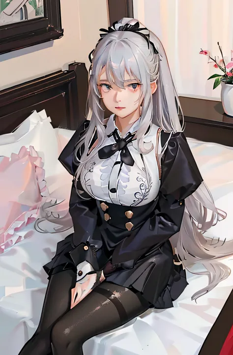 (((1 girl)),Ray Tracing,(Dim lighting),[Detailed Background (Bedroom)),((Silver Hair)),((Silver Hair)),(Fluffy Silver Hair, Plump and slender girl)) Raised ponytail)))) Avoid blonde eyes in the ominous Bedroom ((((Girls、She wears intricately embroidered bl...