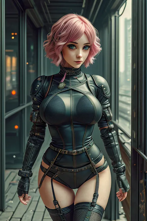 cyberpunk dystopia, gothic style, ecchi, dynamic wide view, medium far angle, light fog effect, HD8K quality, robot girl, pink c...