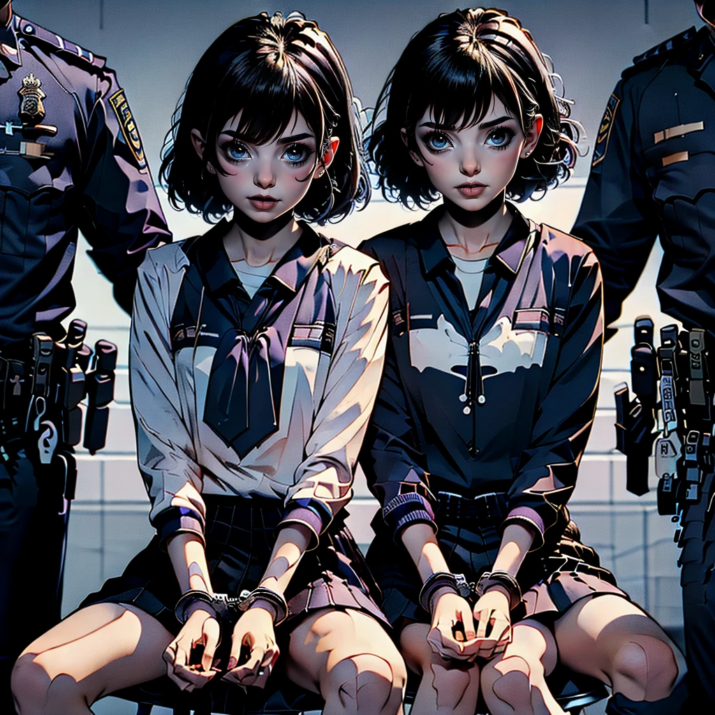 1girl, (solo:1.2), [slim], (small chest), pale skin, ((detailed eyes)), (bokeh effect), (dynamic angle), one girl with handcuffed wrists sitting in interrogation room, scared expressions:1.2, torn clothes. 