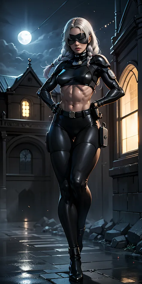 Female wearing tight gantz suit armor torn apart, navel, abs, single braid, temple indoors, stained glass windows, night, moonli...